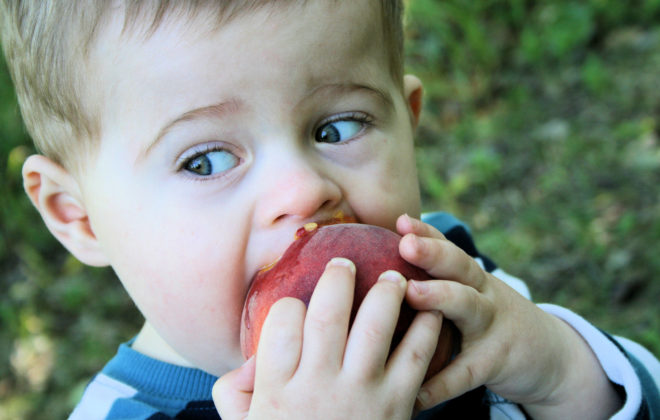 boy eating peach